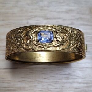 Antique 1930s Art Deco Edwardian Filigree Vermeil Glass Stone Bangle Bracelet